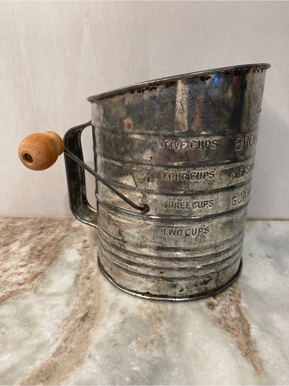 VTG Bromwell's 5-Cup Tin Measuring Flour Sifter Wood Handle